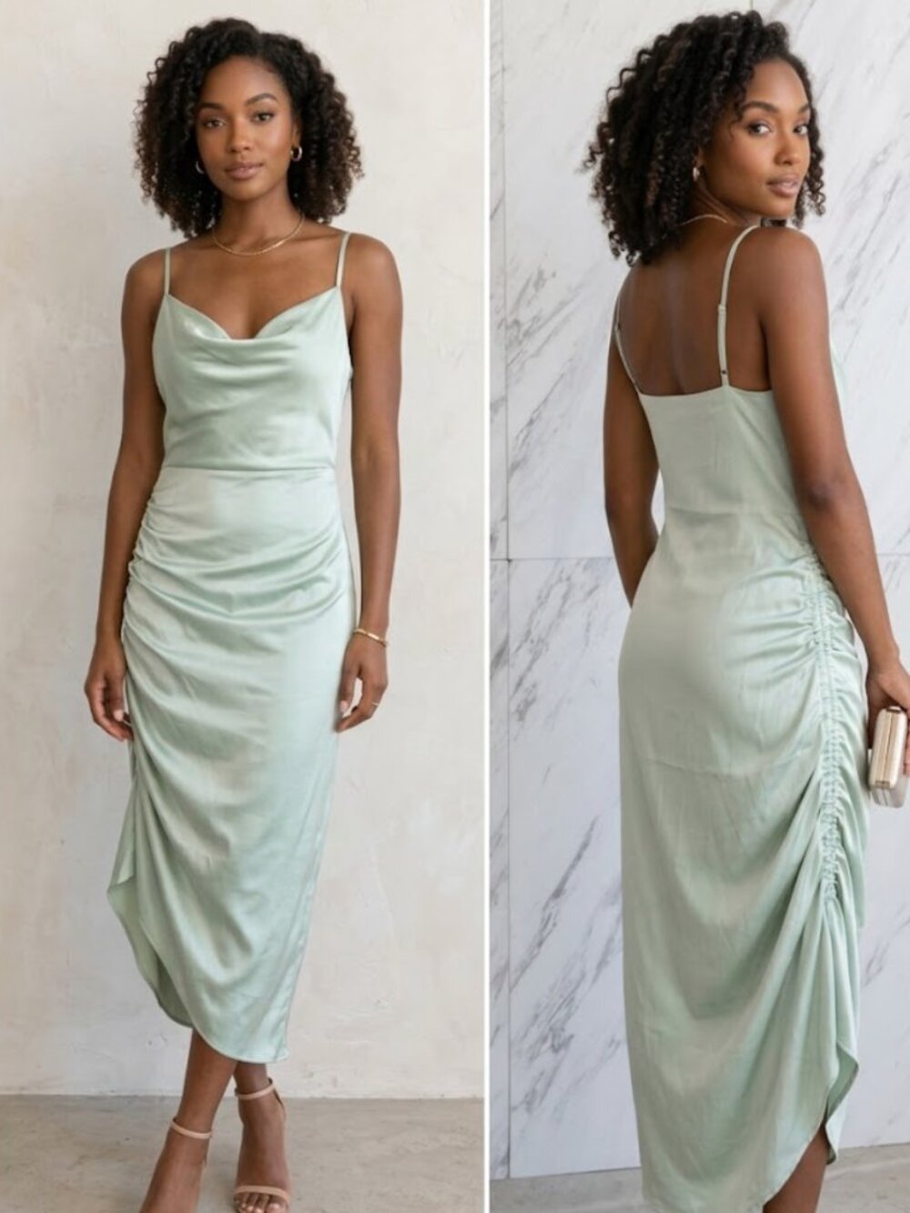 2/$100 BUNDLE (2) Mint & Rust Silk Cowl Neck Ruched Midi Slip Dresses SZ S